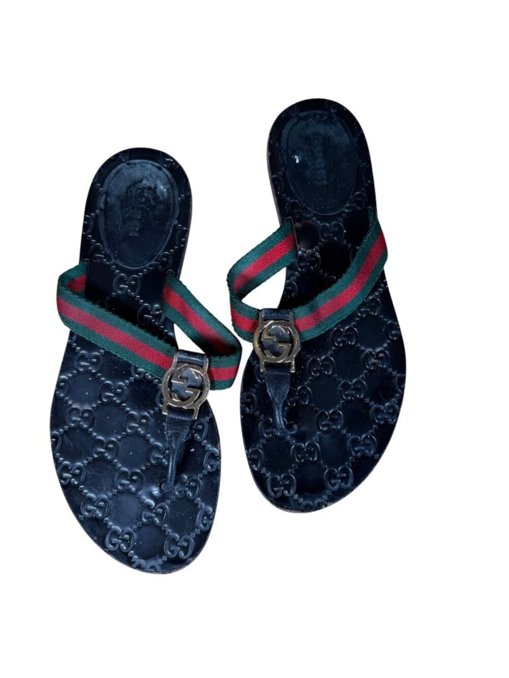 Gucci Interlocking GG Monogram Web Stripe Thong Sandals Black EU 37.5 US 7.5